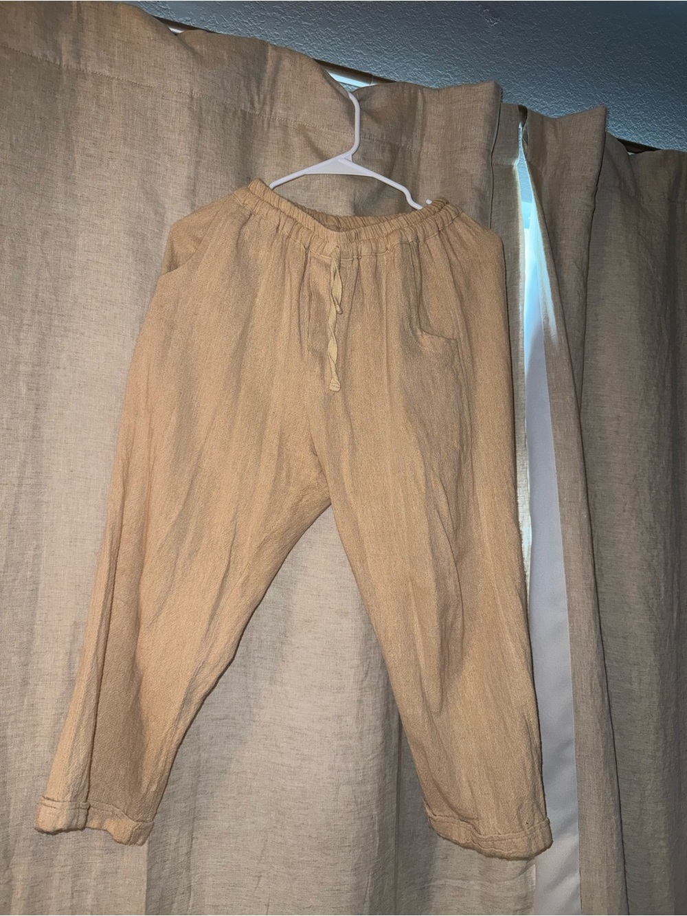 Light beige/Brown hemp cotton-Blend Elastic Waist Pants